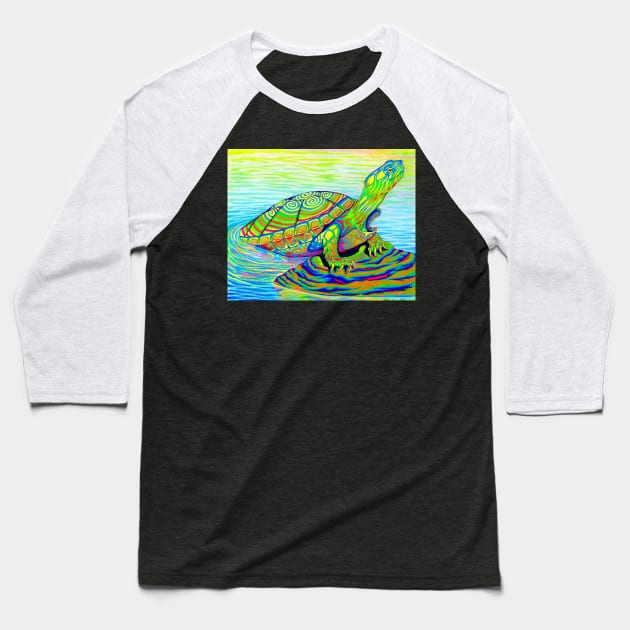 Psychedelic Neon Rainbow Painted Turtle Baseball T-Shirt by rebeccawangart